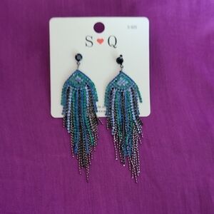 4" drop Blue and Silver Fringe Earrings